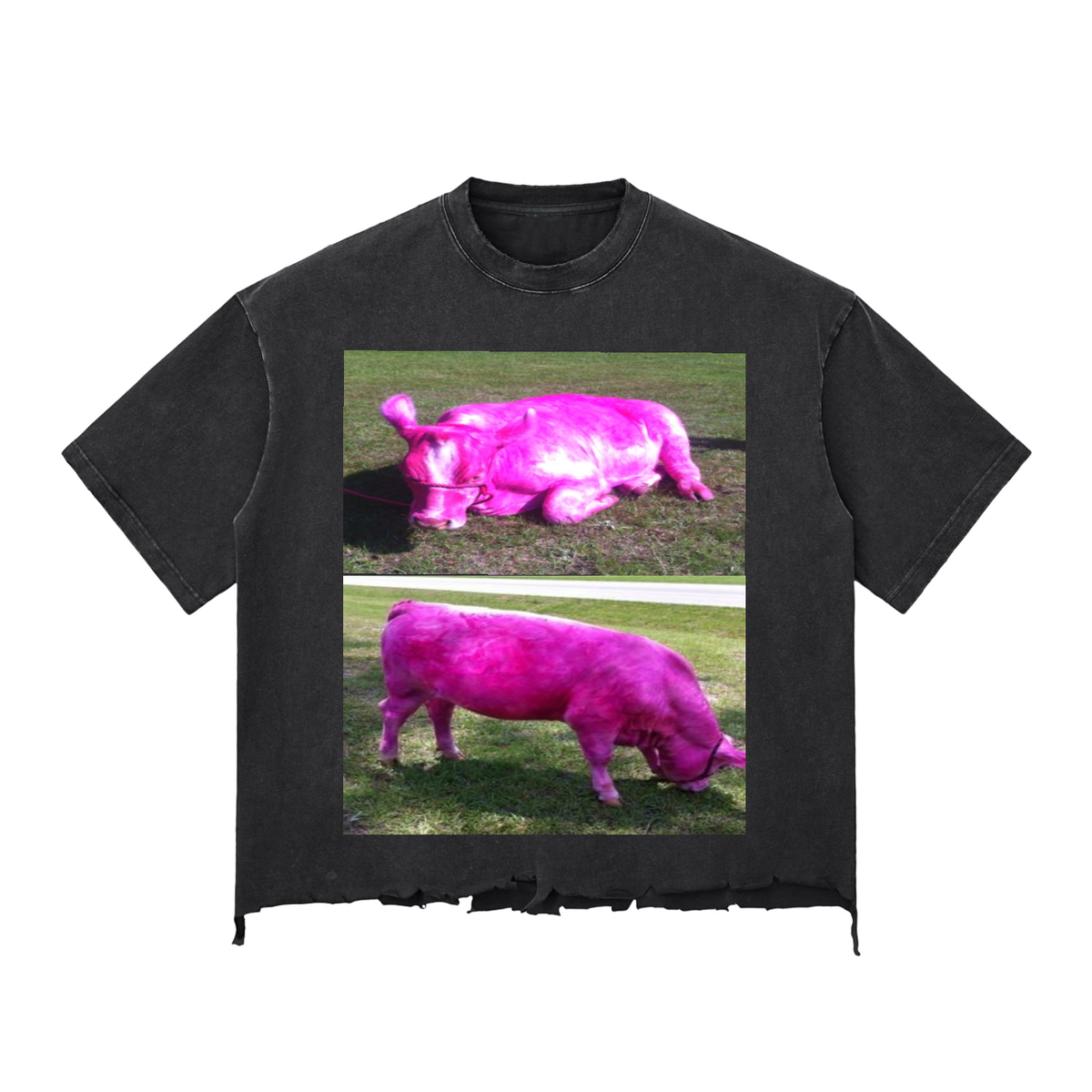 Snow Wash Raw-Hem Boxy T-shirt (Pink cow)