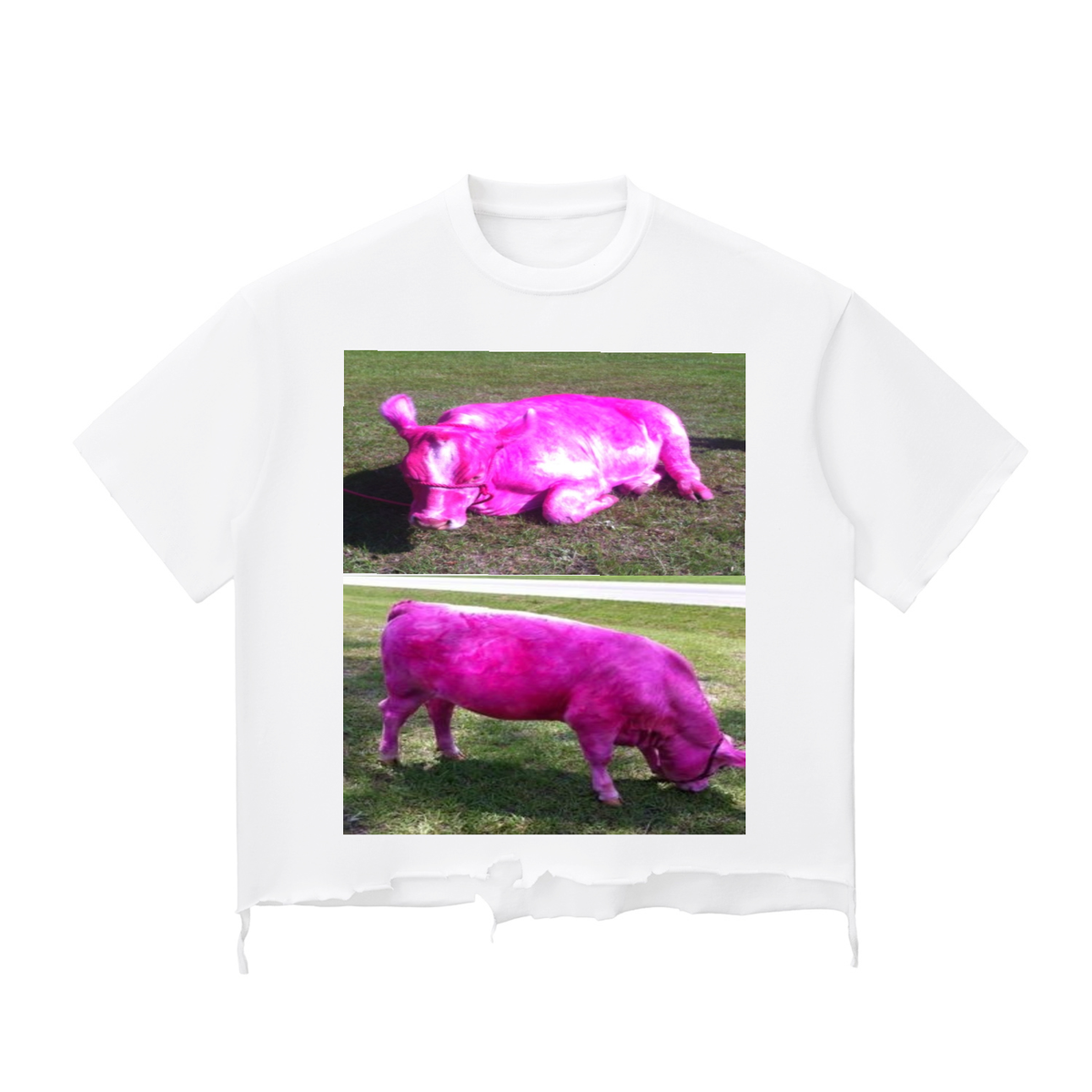 Snow Wash Raw-Hem Boxy T-shirt (Pink cow)
