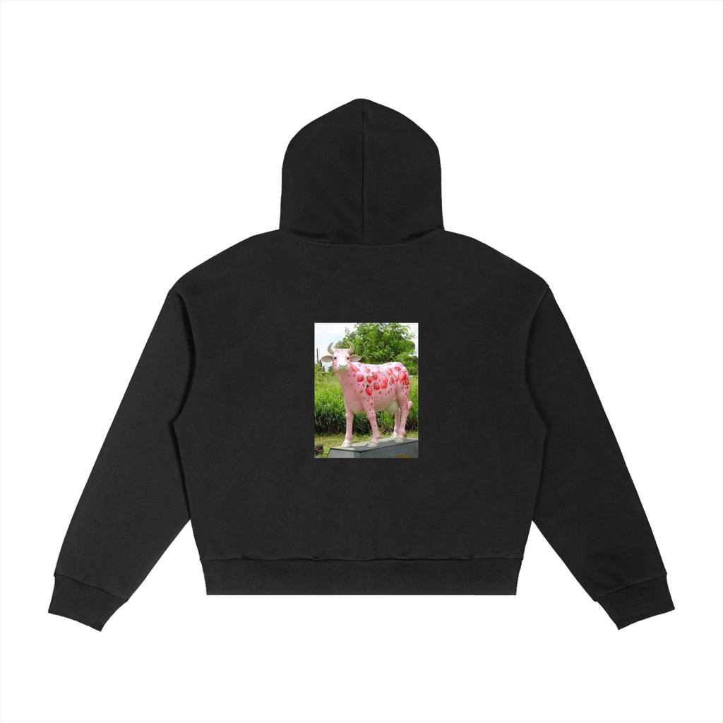 Contrast Plaid Boxy Zip Hoodie (Pink cow)