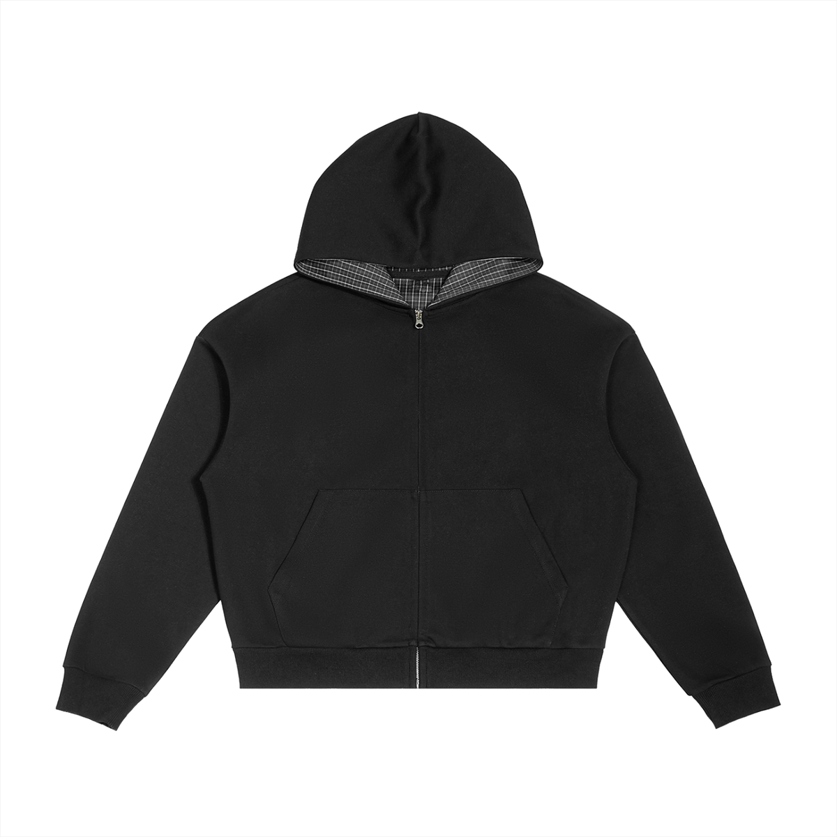 Contrast Plaid Boxy Zip Hoodie (Pink cow)